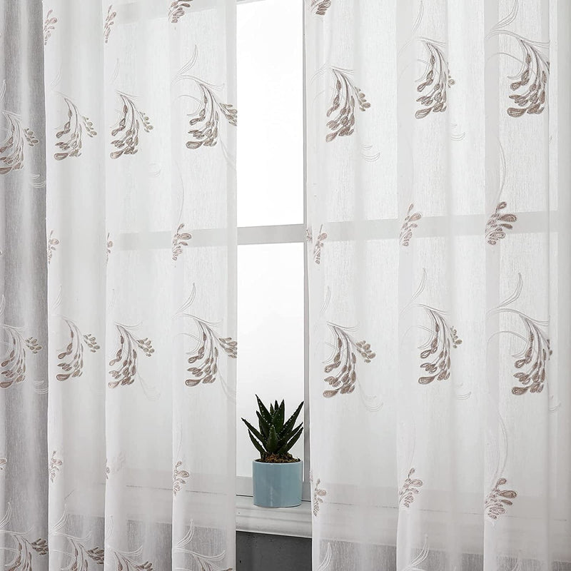 VISIONTEX Sheer White Curtains, Embroidered Damask Khaki Floral Rod Pocket Pair, See through Breathable Drapes for Bedroom, Kitchen, Living Room, Set of 2, Width 54 X Length 84 Inches