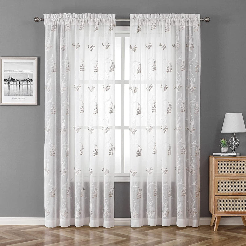 VISIONTEX Sheer White Curtains, Embroidered Damask Khaki Floral Rod Pocket Pair, See through Breathable Drapes for Bedroom, Kitchen, Living Room, Set of 2, Width 54 X Length 84 Inches