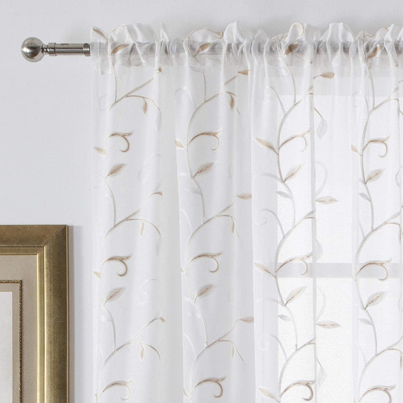 VISIONTEX Sheer White Curtains, Embroidered Damask Khaki Floral Rod Pocket Pair, See through Breathable Drapes for Bedroom, Kitchen, Living Room, Set of 2, Width 54 X Length 84 Inches Home & Garden > Decor > Window Treatments > Curtains & Drapes VISIONTEX Vines-beige 54 x 95 Inch 