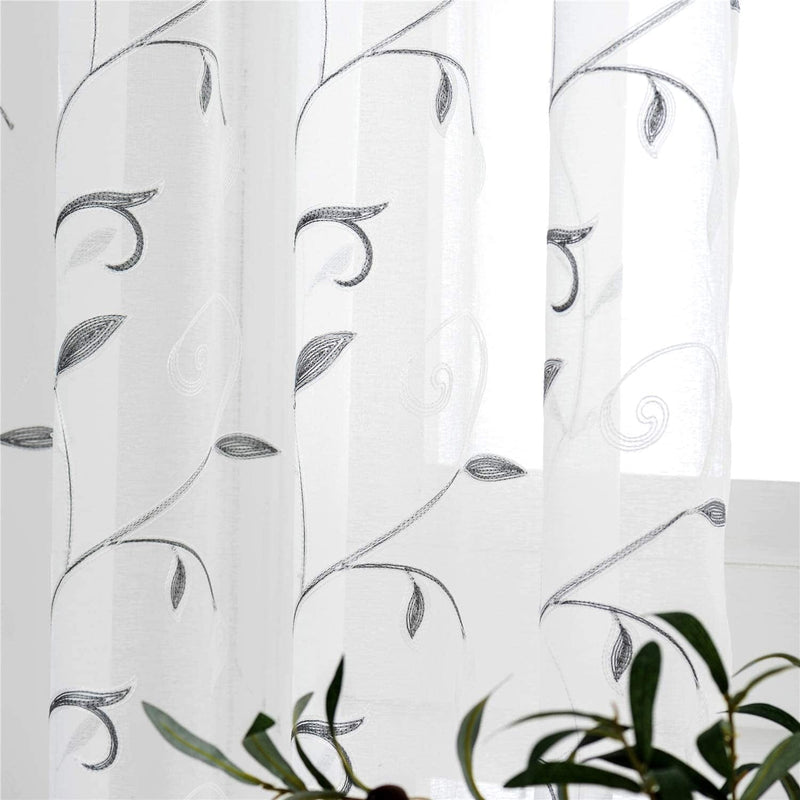 VISIONTEX Sheer White Curtains, Embroidered Damask Khaki Floral Rod Pocket Pair, See through Breathable Drapes for Bedroom, Kitchen, Living Room, Set of 2, Width 54 X Length 84 Inches Home & Garden > Decor > Window Treatments > Curtains & Drapes VISIONTEX Vines-grey 54 x 63 Inch 