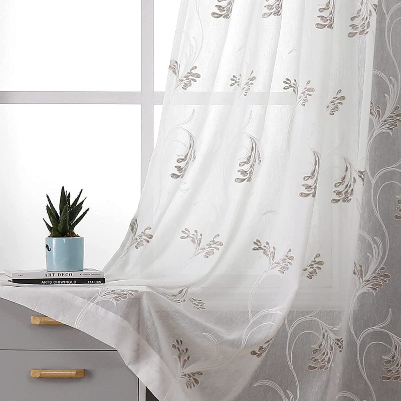VISIONTEX Sheer White Curtains, Embroidered Damask Khaki Floral Rod Pocket Pair, See through Breathable Drapes for Bedroom, Kitchen, Living Room, Set of 2, Width 54 X Length 84 Inches Home & Garden > Decor > Window Treatments > Curtains & Drapes VISIONTEX Khaki Embroidered 54 x 84 Inch 