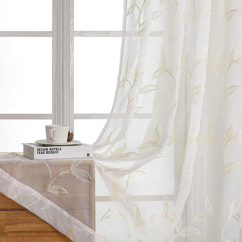 VISIONTEX Sheer White Curtains, Embroidered Damask Khaki Floral Rod Pocket Pair, See through Breathable Drapes for Bedroom, Kitchen, Living Room, Set of 2, Width 54 X Length 84 Inches Home & Garden > Decor > Window Treatments > Curtains & Drapes VISIONTEX Tulip-cream 54 x 72 Inch 
