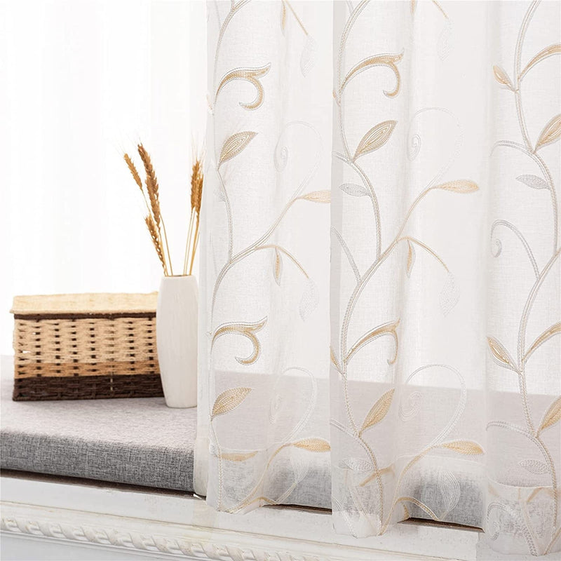 VISIONTEX Sheer White Curtains, Embroidered Damask Khaki Floral Rod Pocket Pair, See through Breathable Drapes for Bedroom, Kitchen, Living Room, Set of 2, Width 54 X Length 84 Inches Home & Garden > Decor > Window Treatments > Curtains & Drapes VISIONTEX Vines-beige 54 x 72 Inch 
