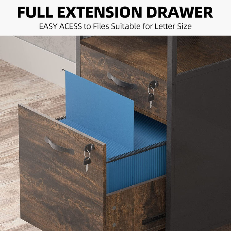 Visionwards 2 Drawer File Cabinet with Lock, Rolling Wood Filing Cabinets for Home Office, Printer Stand with Open Storage Shelf, Hanging File Folders, Fits for Letter Size, Rustic Brown Home & Garden > Household Supplies > Storage & Organization Visionwards   