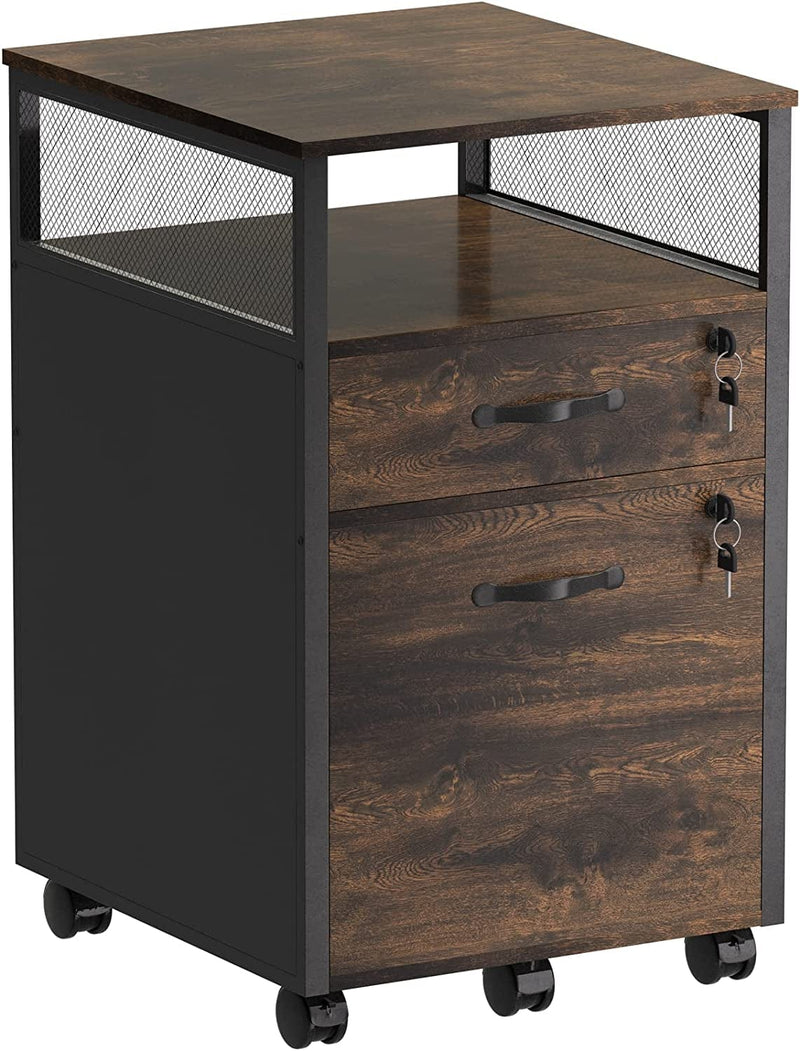 Visionwards 2 Drawer File Cabinet with Lock, Rolling Wood Filing Cabinets for Home Office, Printer Stand with Open Storage Shelf, Hanging File Folders, Fits for Letter Size, Rustic Brown Home & Garden > Household Supplies > Storage & Organization Visionwards   