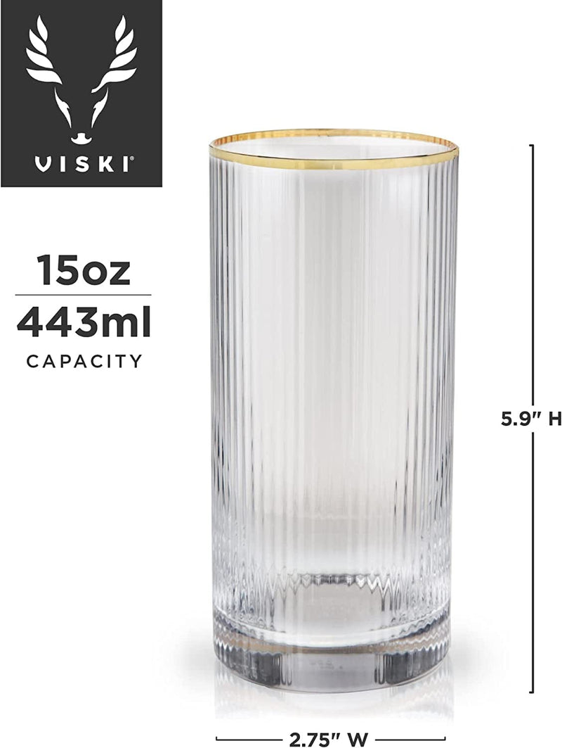 Viski Meridian Highball Glasses Set of 2 - Vintage Drinking Glass, Art Deco Ripple Glassware Design, 15Oz Gold Rimmed Collins Glasses Set Home & Garden > Kitchen & Dining > Barware Viski   