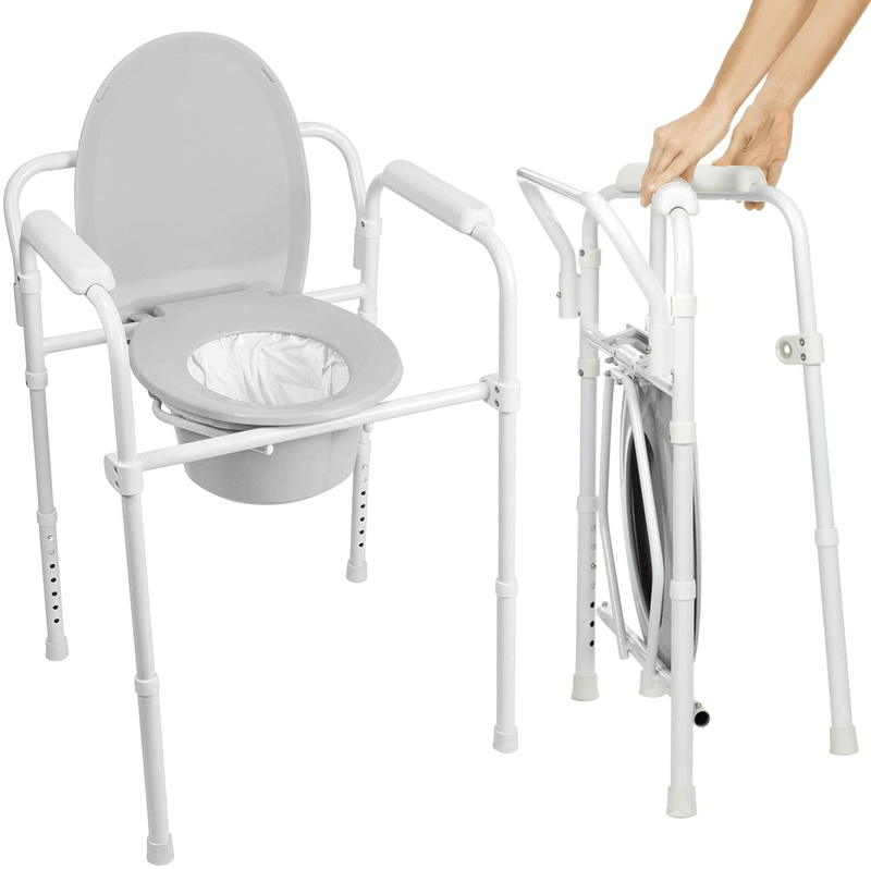 Vive Bedside Commode Toilet Chair (Folding) - 350 Lb Capacity, Safety Rail, Shower Chair - 3 in 1 Heavy Duty Bariatric Bucket with Padded Arms, Tight Lid – Portable Seat for Home - Steel Sporting Goods > Outdoor Recreation > Camping & Hiking > Portable Toilets & Showers Vive   