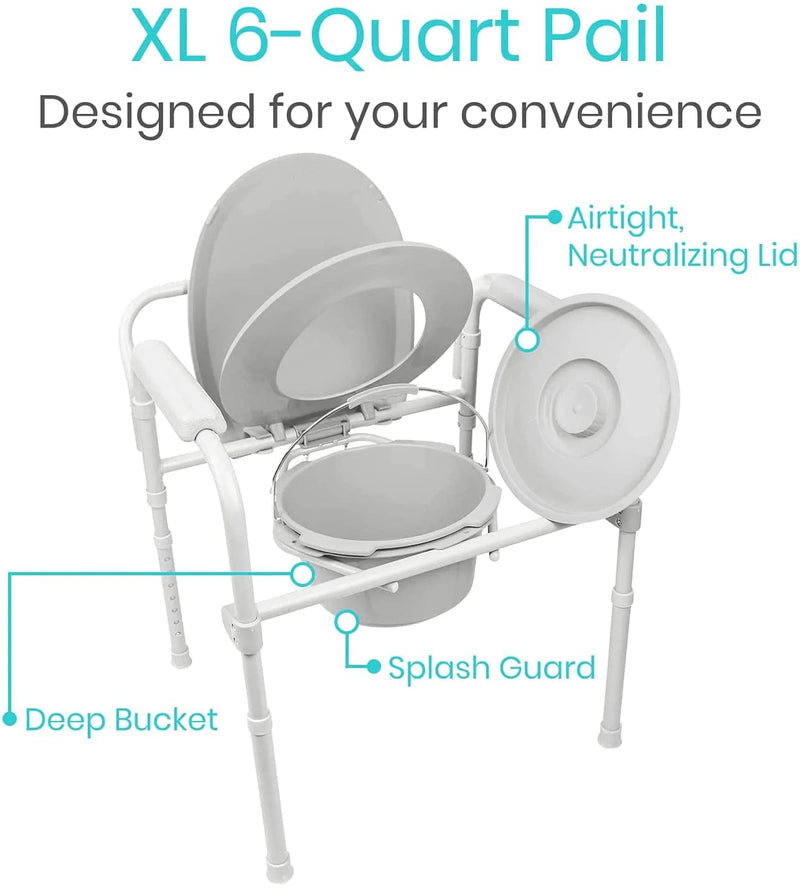 Vive Bedside Commode Toilet Chair (Folding) - 350 Lb Capacity, Safety Rail, Shower Chair - 3 in 1 Heavy Duty Bariatric Bucket with Padded Arms, Tight Lid – Portable Seat for Home - Steel Sporting Goods > Outdoor Recreation > Camping & Hiking > Portable Toilets & Showers Vive   