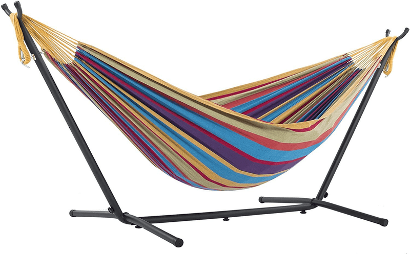 Vivere Double Cotton Hammock with Space Saving Steel Stand, Tropical (450 lb Capacity - Premium Carry Bag Included) Home & Garden > Lawn & Garden > Outdoor Living > Hammocks Vivere Tropical with Charcoal Frame  