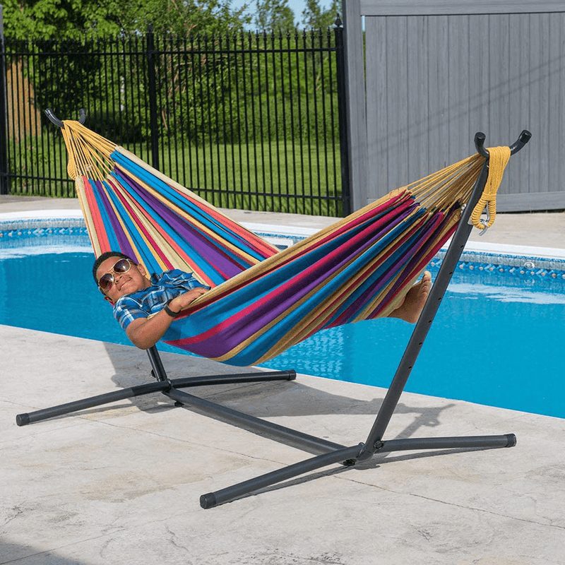 Vivere Double Cotton Hammock with Space Saving Steel Stand, Tropical (450 lb Capacity - Premium Carry Bag Included) Home & Garden > Lawn & Garden > Outdoor Living > Hammocks Vivere   