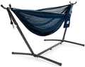 Vivere Double Cotton Hammock with Space Saving Steel Stand, Tropical (450 lb Capacity - Premium Carry Bag Included) Home & Garden > Lawn & Garden > Outdoor Living > Hammocks Vivere Navy and Turquoise  