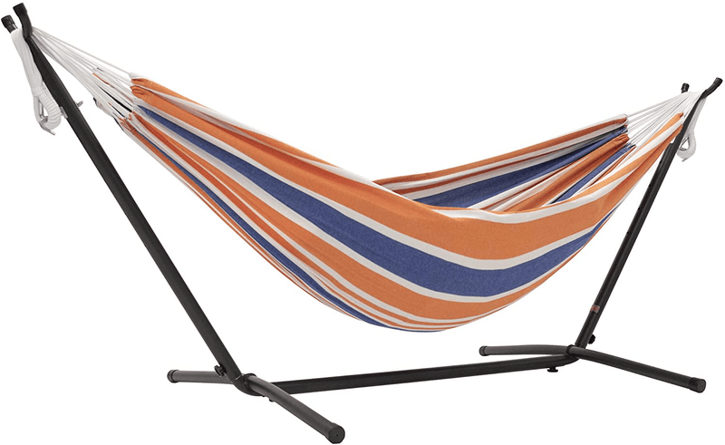 Vivere Double Cotton Hammock with Space Saving Steel Stand, Tropical (450 lb Capacity - Premium Carry Bag Included) Home & Garden > Lawn & Garden > Outdoor Living > Hammocks Vivere Orange Punch  