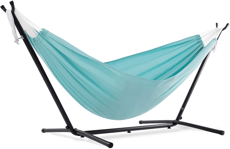 Vivere Double Cotton Hammock with Space Saving Steel Stand, Tropical (450 lb Capacity - Premium Carry Bag Included) Home & Garden > Lawn & Garden > Outdoor Living > Hammocks Vivere Aqua  