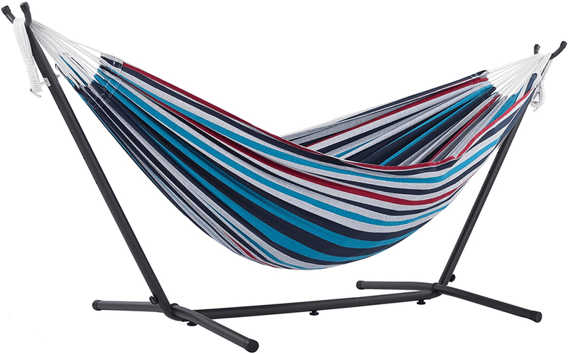 Vivere Double Cotton Hammock with Space Saving Steel Stand, Tropical (450 lb Capacity - Premium Carry Bag Included) Home & Garden > Lawn & Garden > Outdoor Living > Hammocks Vivere Denim With Charcoal Frame  