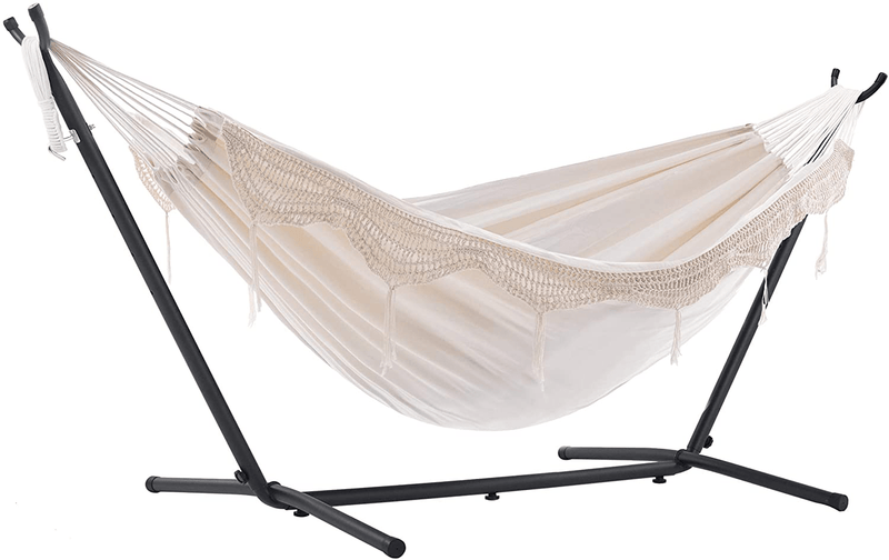 Vivere Double Cotton Hammock with Space Saving Steel Stand, Tropical (450 lb Capacity - Premium Carry Bag Included) Home & Garden > Lawn & Garden > Outdoor Living > Hammocks Vivere Natural  