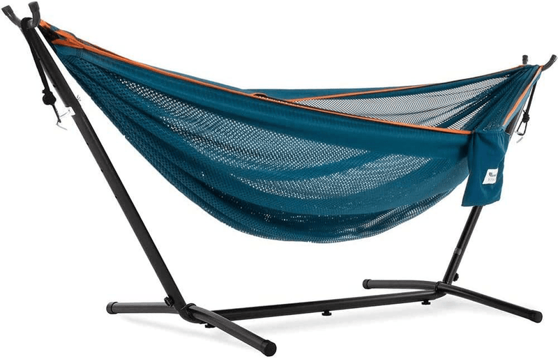 Vivere Double Cotton Hammock with Space Saving Steel Stand, Tropical (450 lb Capacity - Premium Carry Bag Included) Home & Garden > Lawn & Garden > Outdoor Living > Hammocks Vivere Blue/Orange  