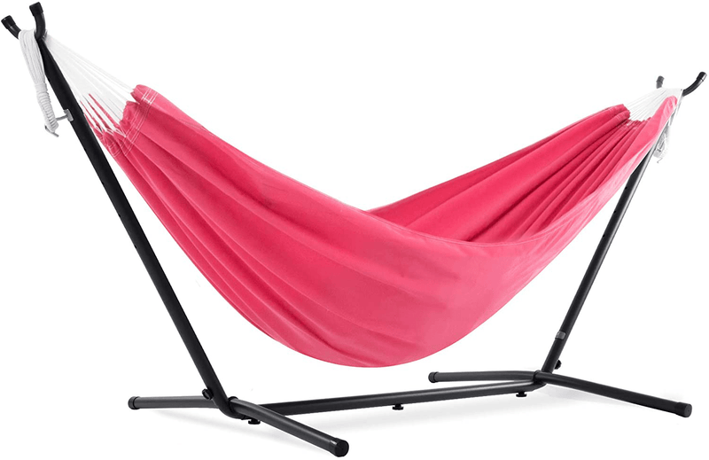 Vivere Double Cotton Hammock with Space Saving Steel Stand, Tropical (450 lb Capacity - Premium Carry Bag Included) Home & Garden > Lawn & Garden > Outdoor Living > Hammocks Vivere Hot Pink  