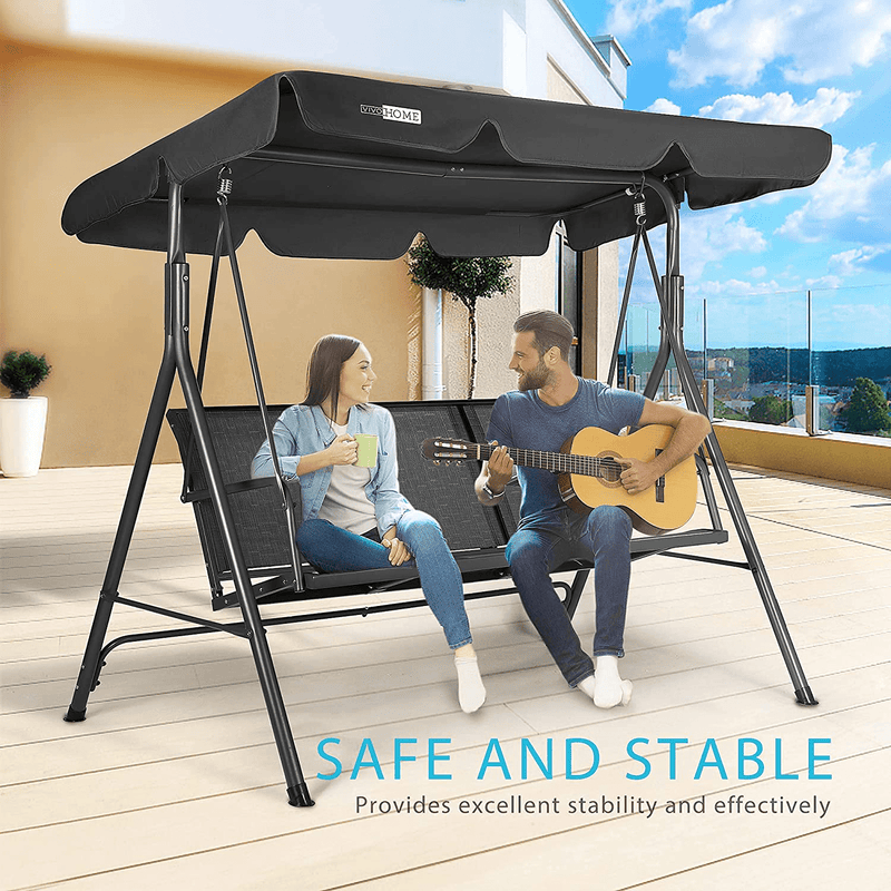VIVOHOME 3-Seater Outdoor Adjustable Canopy Swing Chair Black with 32 Inch Heavy Duty 3 in 1 Metal Square Patio Firepit Table BBQ Garden Stove Home & Garden > Lawn & Garden > Outdoor Living > Porch Swings VIVOHOME   