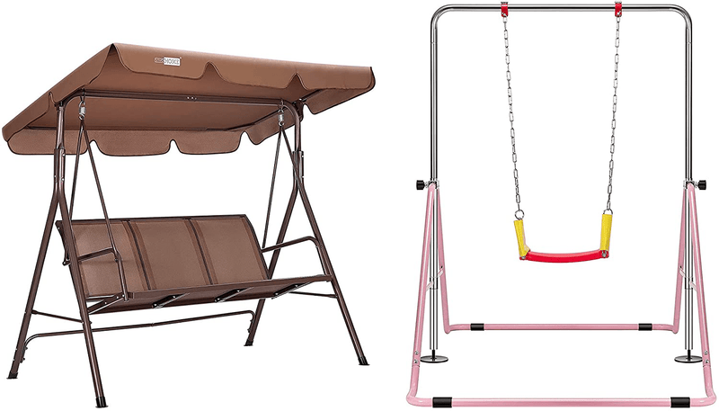 VIVOHOME 3-Seater Outdoor Adjustable Canopy Swing Chair Brown with Expandable Gymnastics Bar with Swing Home & Garden > Lawn & Garden > Outdoor Living > Porch Swings VIVOHOME Default Title  