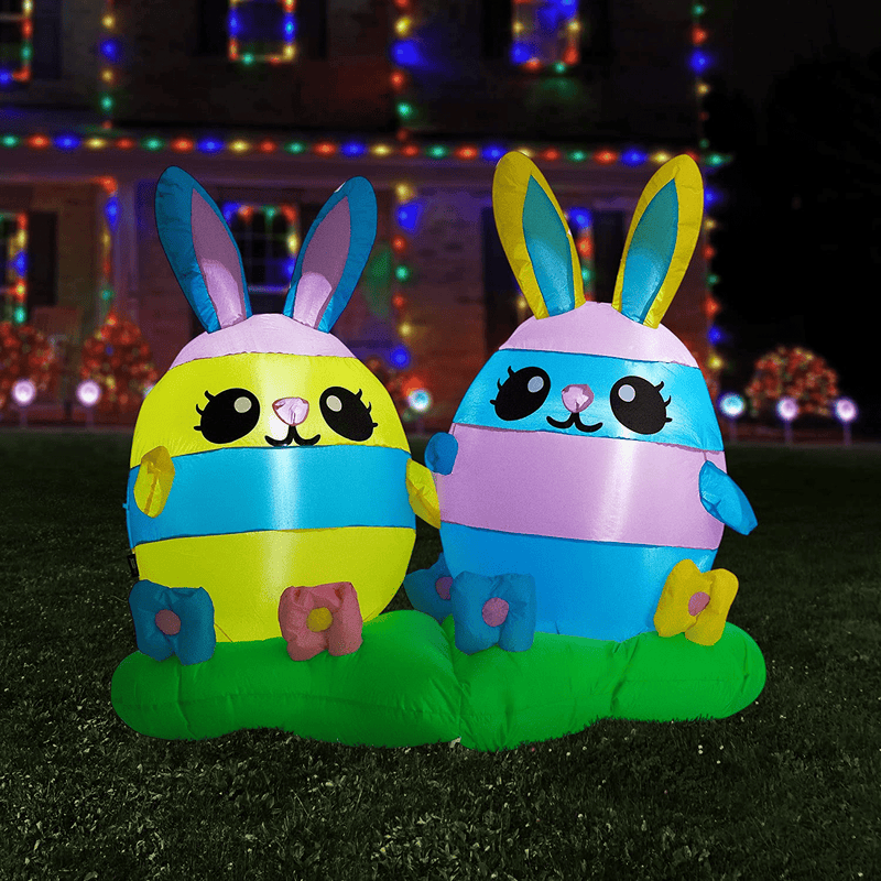 VIVOHOME 4Ft Height Inflatable Easter Bunny Friendly Rabbit with Bow Tie Waving inside Eggshell Built-In Colorful LED Lights Blow up Outdoor Lawn Yard Decoration Home & Garden > Decor > Seasonal & Holiday Decorations VIVOHOME 2 Bunny Eggs  