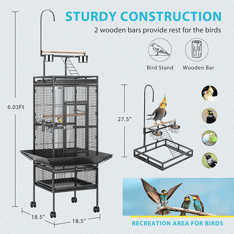 VIVOHOME 72 Inch Wrought Iron Large Bird Cage with Play Top and Rolling Stand for Parrots Conures Lovebird Cockatiel Parakeets Animals & Pet Supplies > Pet Supplies > Bird Supplies > Bird Cages & Stands VIVOHOME   