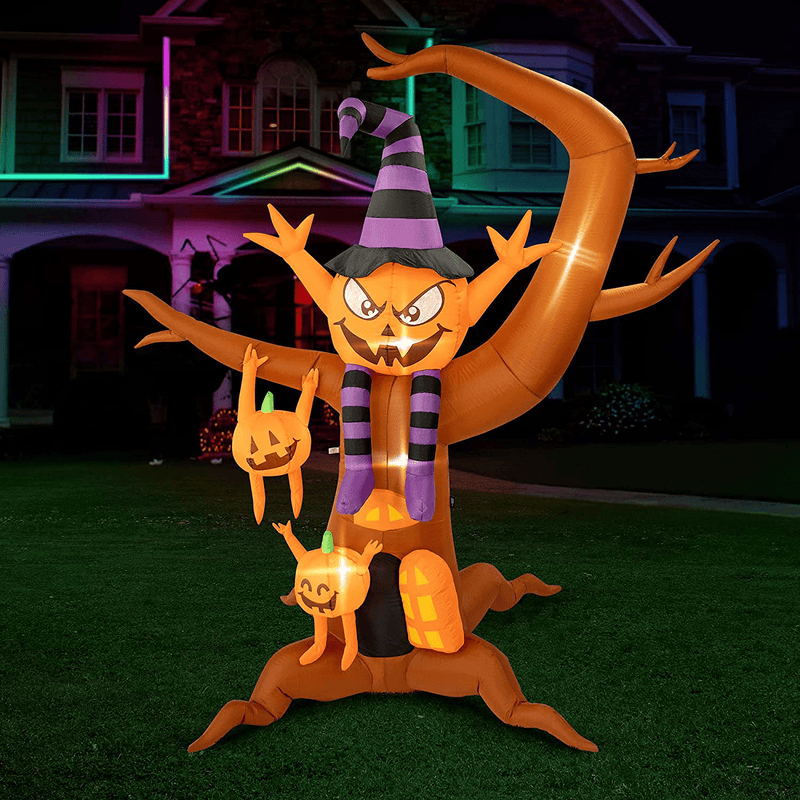 VIVOHOME 8ft Height Halloween Inflatable Tree with Pumpkin Ghost Elf and Tomb Built-in LED Lights Blow up Outdoor Lawn Yard Decoration