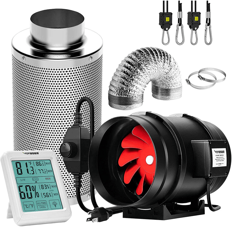 VIVOSUN 4 Inch 190 CFM Inline Fan with Speed Controller, 4 Inch Carbon Filter and 8 Feet of Ducting, Temperature Humidity Monitor for Grow Tent Ventilation Sporting Goods > Outdoor Recreation > Camping & Hiking > Tent Accessories VIVOSUN 8 Inch  