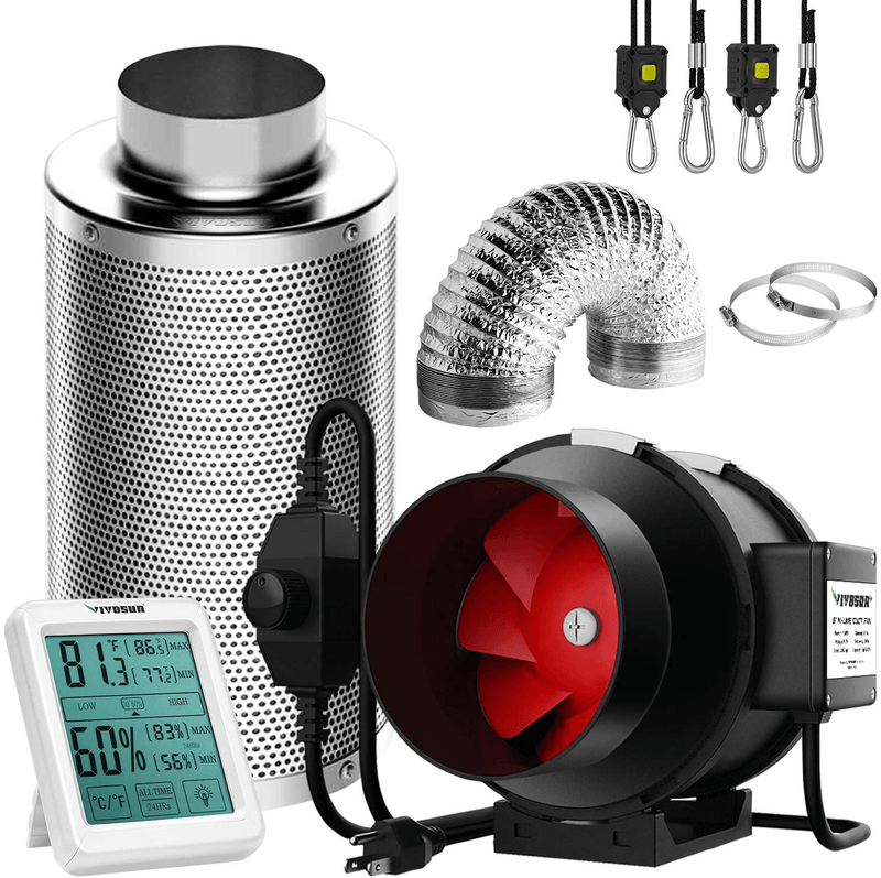 VIVOSUN 4 Inch 190 CFM Inline Fan with Speed Controller, 4 Inch Carbon Filter and 8 Feet of Ducting, Temperature Humidity Monitor for Grow Tent Ventilation Sporting Goods > Outdoor Recreation > Camping & Hiking > Tent Accessories VIVOSUN 6 Inch  