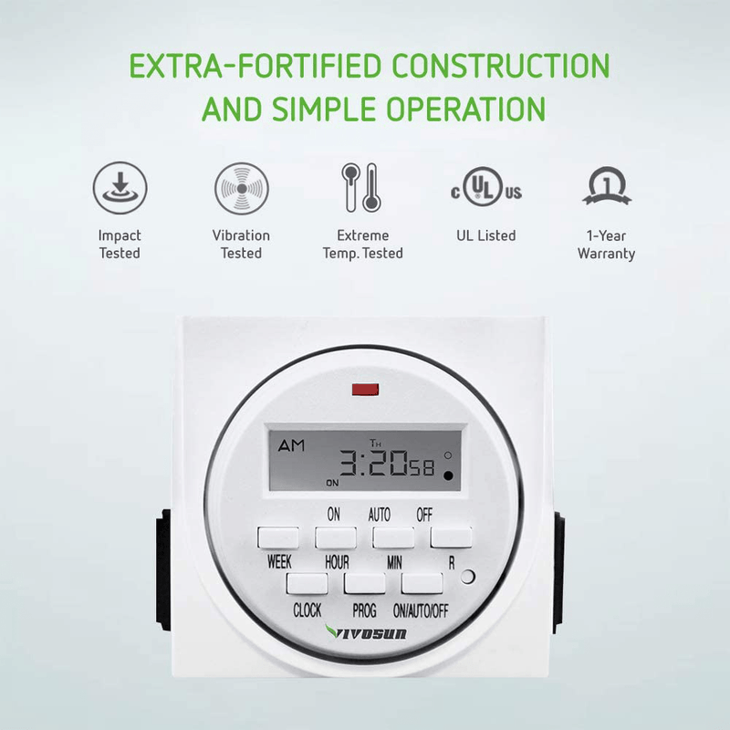 VIVOSUN 7 Day Programmable Digital Timer Switch with 2 Outlets - Accurate & Stable, UL Listed 1-Pack