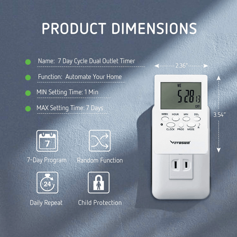 VIVOSUN 7 Day Programmable Timer Indoor Digital Electronic Timer with Dual Outlet, 20 On/Off Program Setting, and Countdown Setting, 1 Pack