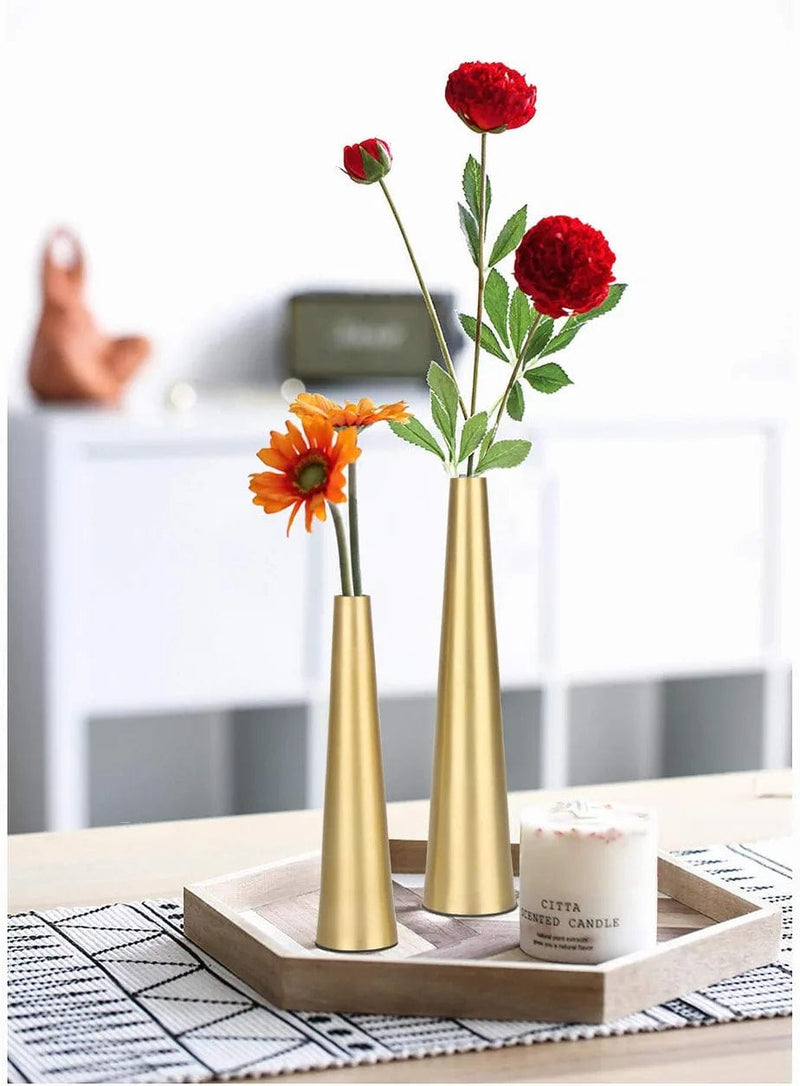 Vixdonos 10.5/8.5 Inch Gold Metal Vase Small Flower Vase Set of 2 Taper Vase for Wedding Table Centerpiece Decorations, Home Decor (Gold)