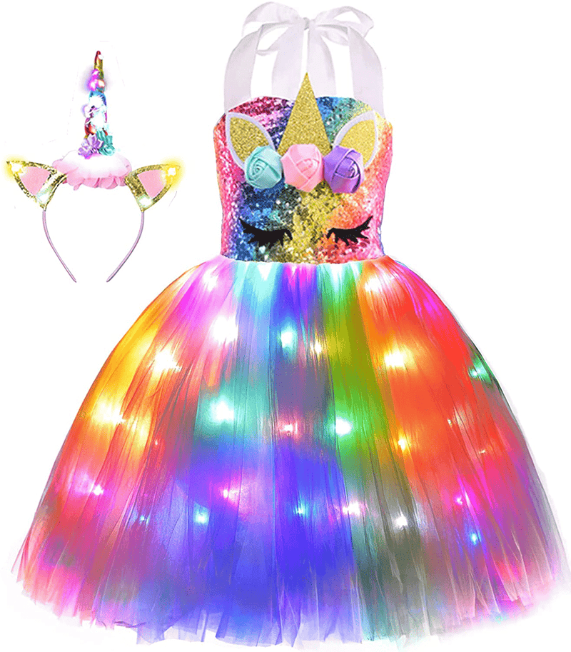 Viyorshop Girl Unicorn Costume LED Light Up Unicorn Tutu Dress for Halloween Party Costumes Apparel & Accessories > Costumes & Accessories > Costumes Viyorshop Rainbow Sequins 7-8 Years 