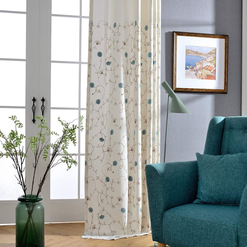 VOGOL 2 Panels Branch Embroidered Faux Linen Grommet Curtains Drapes for Bedroom Living Room, Farmhouse Window Curtains Panels, 52 X 84 Inch Home & Garden > Decor > Window Treatments > Curtains & Drapes VOGOL Qw-blue 52x96 