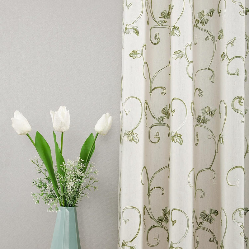 VOGOL 2 Panels Branch Embroidered Faux Linen Grommet Curtains Drapes for Bedroom Living Room, Farmhouse Window Curtains Panels, 52 X 84 Inch Home & Garden > Decor > Window Treatments > Curtains & Drapes VOGOL Y-grass Green 52x63 
