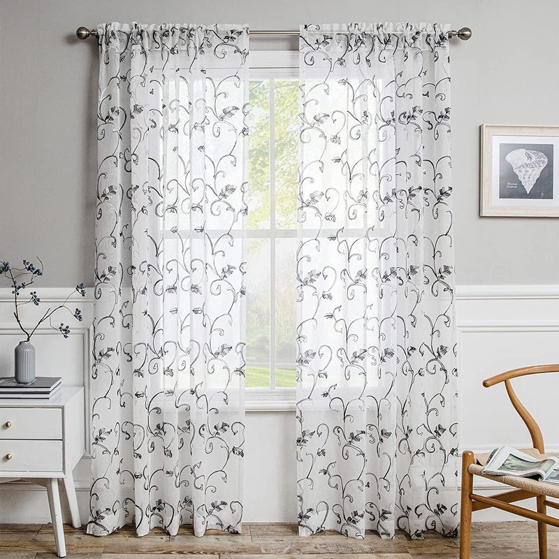 VOGOL 2 Panels Branch Embroidered Faux Linen Grommet Curtains Drapes for Bedroom Living Room, Farmhouse Window Curtains Panels, 52 X 84 Inch Home & Garden > Decor > Window Treatments > Curtains & Drapes VOGOL Grey-sheer 52x96 