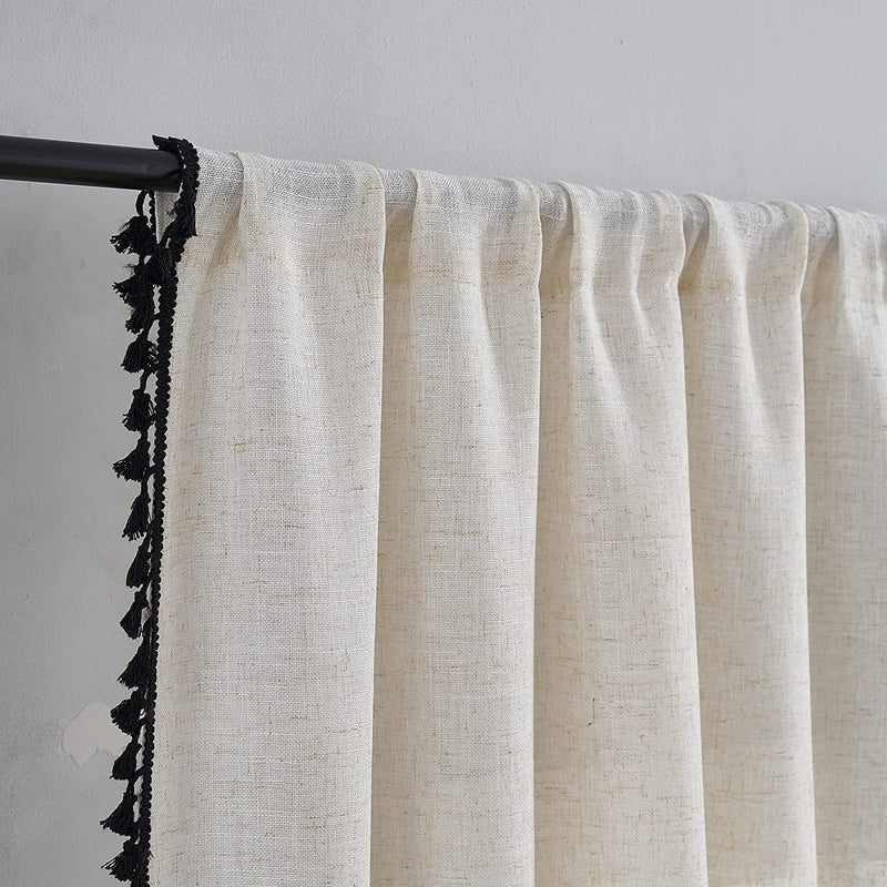 VOILYBIRD Natural Linen Blended Farmhouse Curtains 84 Inches Long Living Room Boho Curtains & Drapes Country Style, W40 X L84 , Black Tassel, 2 Panels Set