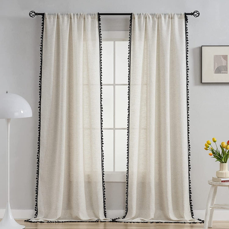 VOILYBIRD Natural Linen Blended Farmhouse Curtains 84 Inches Long Living Room Boho Curtains & Drapes Country Style, W40 X L84 , Black Tassel, 2 Panels Set