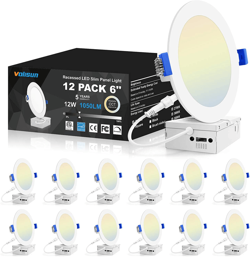 VOLISUN 12 Pack 6 Inch 5CCT Ultra-Thin LED Recessed Ceiling Light with Junction Box,2700K-5000K Color Temperature Selectable,CRI 90+,12W Eqv 110W,1050LM,Dimmable Can-Killer Downlight,ETL