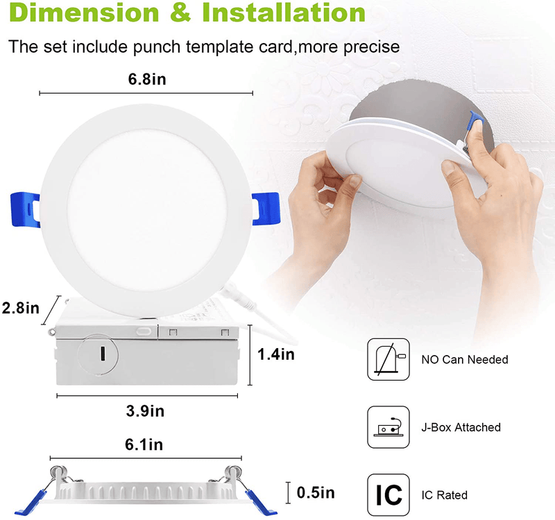 VOLISUN 12 Pack 6 Inch 5CCT Ultra-Thin LED Recessed Ceiling Light with Junction Box,2700K-5000K Color Temperature Selectable,CRI 90+,12W Eqv 110W,1050LM,Dimmable Can-Killer Downlight,ETL Home & Garden > Lighting > Flood & Spot Lights VOLISUN   