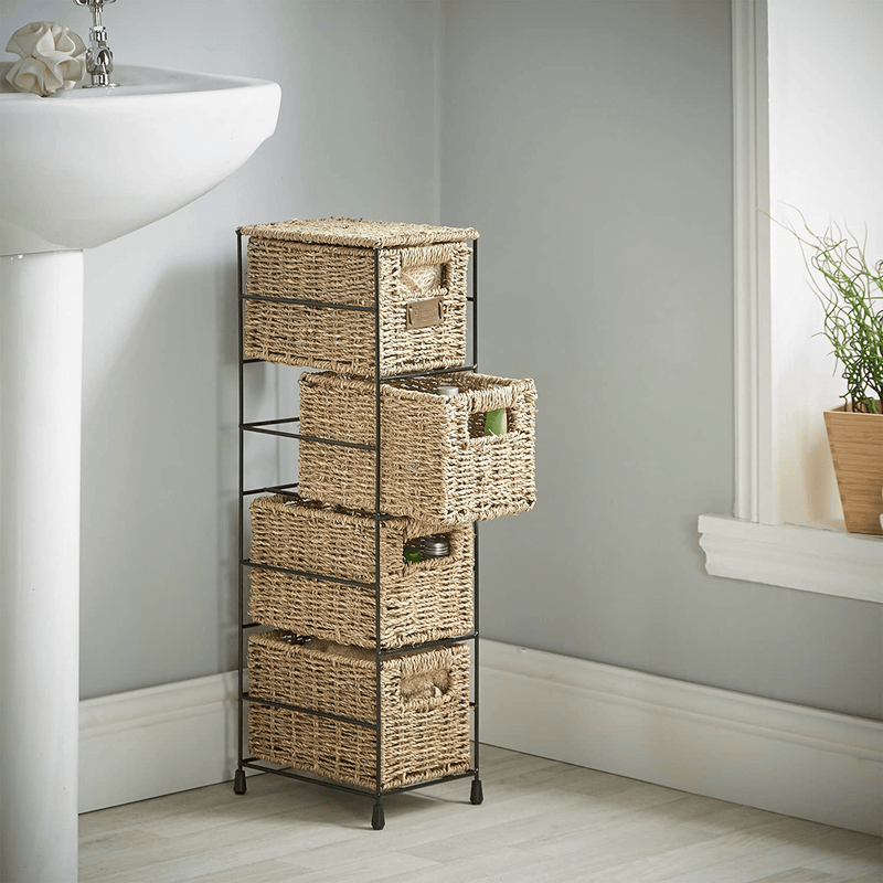 VonHaus 4 Tier Small Seagrass Basket Storage Tower Unit with Metal Frame - Ideal for Small Bathrooms & Home Storage (25.4 x 9.5 x 6.7)