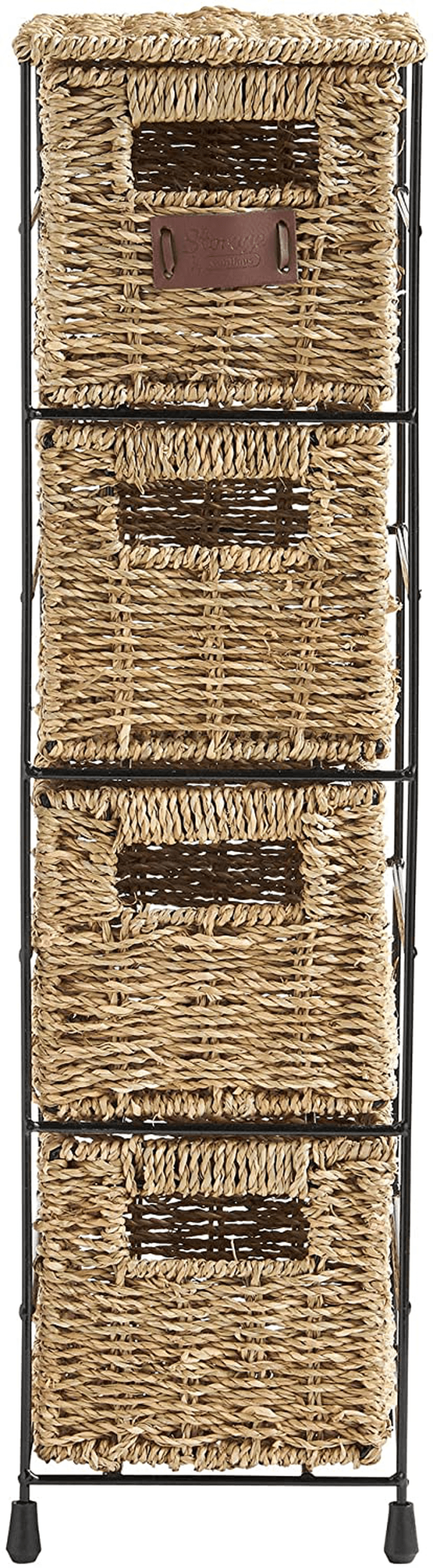 VonHaus 4 Tier Small Seagrass Basket Storage Tower Unit with Metal Frame - Ideal for Small Bathrooms & Home Storage (25.4 x 9.5 x 6.7)