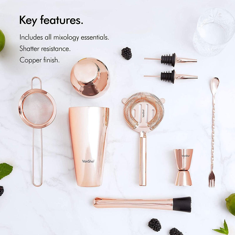 Vonshef Parisian Cocktail Shaker Barware Set in Gift Box with Recipe Guide, Cocktail Strainers, Twisted Bar Spoon, Jigger, Muddler and Pourers, 9 Piece Set, 17Oz (Rose Gold) Home & Garden > Kitchen & Dining > Barware VonShef   