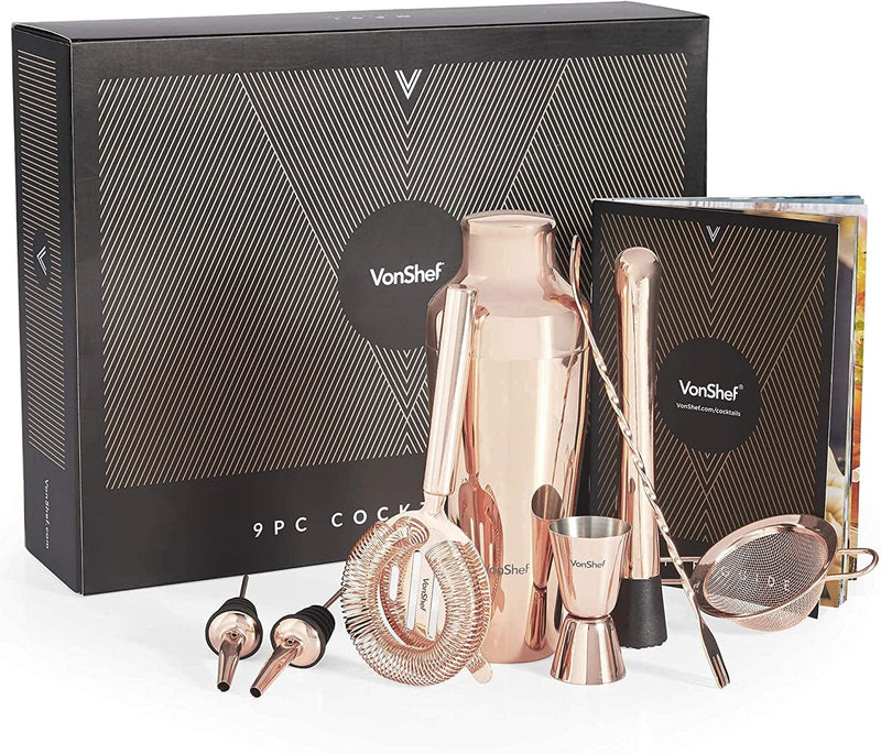 Vonshef Parisian Cocktail Shaker Barware Set in Gift Box with Recipe Guide, Cocktail Strainers, Twisted Bar Spoon, Jigger, Muddler and Pourers, 9 Piece Set, 17Oz (Rose Gold) Home & Garden > Kitchen & Dining > Barware VonShef   