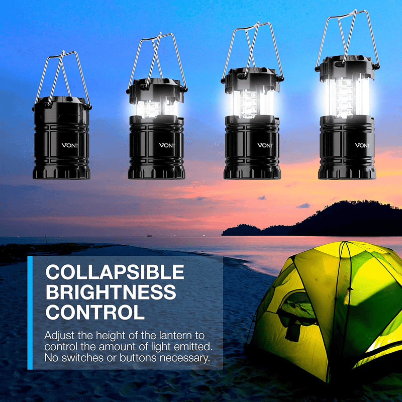 Vont 4 Pack LED Camping Lantern, LED Lanterns, Suitable Survival Kits for Hurricane, Emergency Light for Storm, Outages, Outdoor Portable Lanterns, Black, Collapsible, (Batteries Included) Home & Garden > Lighting > Lamps Vont   