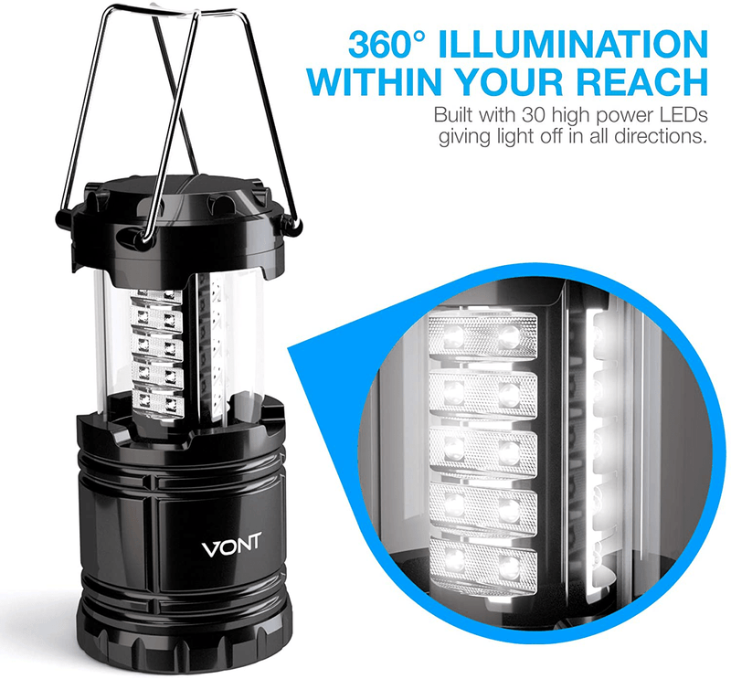 Vont 4 Pack LED Camping Lantern, LED Lanterns, Suitable Survival Kits for Hurricane, Emergency Light for Storm, Outages, Outdoor Portable Lanterns, Black, Collapsible, (Batteries Included)