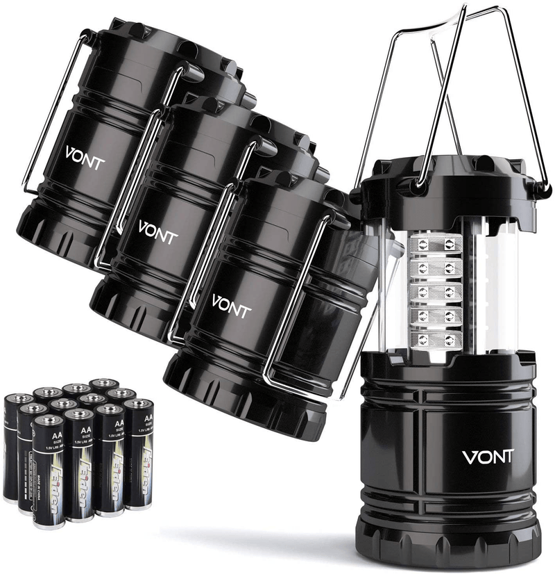 Vont 4 Pack LED Camping Lantern, LED Lanterns, Suitable Survival Kits for Hurricane, Emergency Light for Storm, Outages, Outdoor Portable Lanterns, Black, Collapsible, (Batteries Included) Sporting Goods > Outdoor Recreation > Camping & Hiking > Tent Accessories Vont   