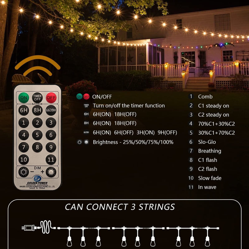 Voolex 11 Modes LED Outdoor String Lights with Remote - 48FT S14 Patio Lighting Waterproof, Smart Dimmable outside Light with 2 Color Change for Backyard Cafe Bistro Porch (Cold & Warm White) Home & Garden > Lighting > Light Ropes & Strings Voolex   