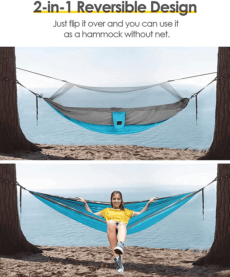VOYAGGE Polyester Hammock Swing with Mosquito Net, Double Brazilian Style Hammock, 2-Person Outdoor and Indoor Use (Gray and Blue) Home & Garden > Lawn & Garden > Outdoor Living > Hammocks VOYAGGE   