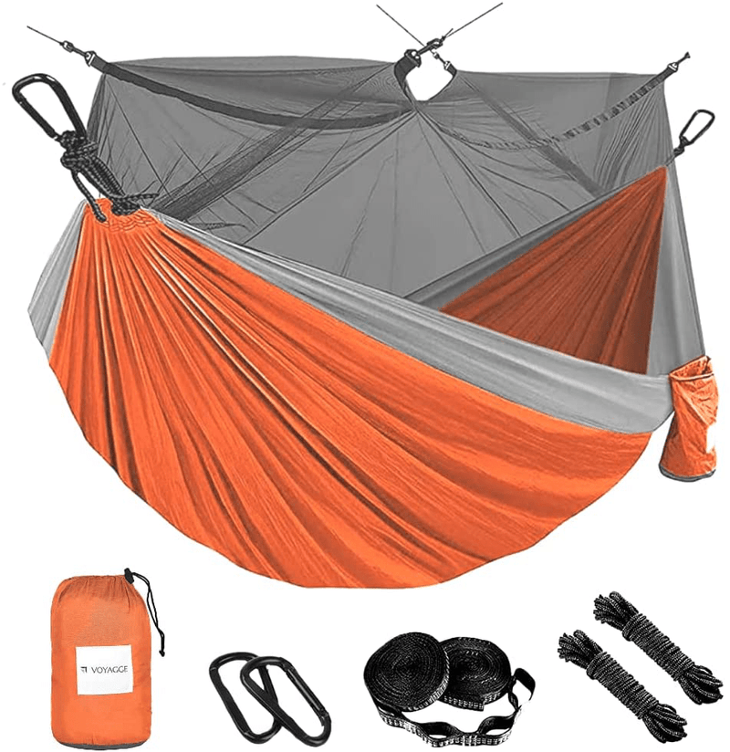 VOYAGGE Polyester Hammock Swing with Mosquito Net, Double Brazilian Style Hammock, 2-Person Outdoor and Indoor Use (Gray and Orange)