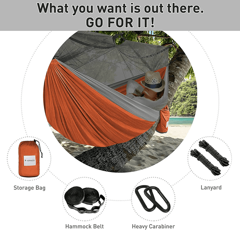 VOYAGGE Polyester Hammock Swing with Mosquito Net, Double Brazilian Style Hammock, 2-Person Outdoor and Indoor Use (Gray and Orange) Sporting Goods > Outdoor Recreation > Camping & Hiking > Tent Accessories VOYAGGE   